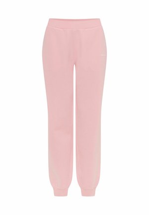 Jasnoróżowe dresy wykonane z miękkiego materiału, z elastycznym paskiem w talii i zakończeniami nogawek w formie ściągacza, z delikatnym detalem logo.