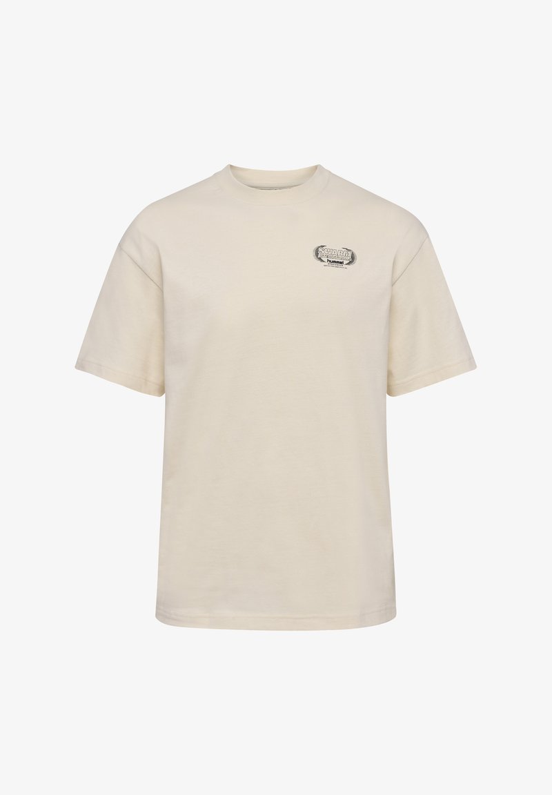 Beige cotton t-shirt with short sleeves, round neckline, and a small "SWARM" logo patch on the left chest. Soft texture, regular fit.
