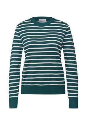 Paahteenvihreä villapaita, jossa pystysuorat valkoiset raidat, pyöreä kaula-aukko, resorit hihansuissa ja helmassa. Valmistettu neulospuuvillasta; siinä on rento istuvuus.