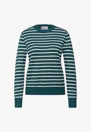 Paahteenvihreä villapaita, jossa pystysuorat valkoiset raidat, pyöreä kaula-aukko, resorit hihansuissa ja helmassa. Valmistettu neulospuuvillasta; siinä on rento istuvuus.