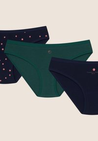 Trzy bikini w kolorze granatowym z małymi nadrukami pomidorów, ciemnozielone z małą ikoną pomidora oraz granatowe z tekstem i grafiką pomidora.