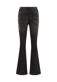 Čierne rozšírené džínsy s päťvreckovým dizajnom, s tmavým prešívaním, prešívaním na vreckách a štítkom na páse.