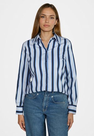 Woman wearing a blue, white, and black vertically striped button-up shirt tucked into blue denim jeans, standing against a plain white background.