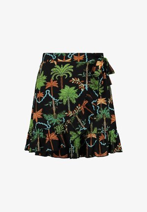 Zwart wikkelrok met een levendig palmbomenpatroon in groen, oranje en blauw. Inclusief een ruchezoom en een zijstrikdetail.