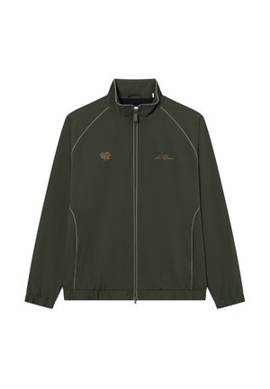 Σκούρο πράσινο φερμουάρ μπουφάν από υφή υφάσματος, με αντίθετους μπεζ σωλήνες και κεντητό λογότυπο στο στήθος. Ριμπέ κομμάτια στα μανίκια και στο τελείωμα.
