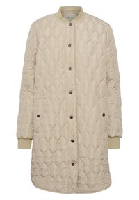 Beige-värinen tikkitakki, jossa pyöreä pääntie, painonappisuljenta ja resorit hihansuissa, sileä satiinimainen pinta.