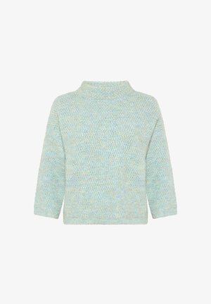 Lyseblå strikket sweater med høj krave, trekvartærmer og et tekstureret mønster. Casual pasform med et blødt udseende.