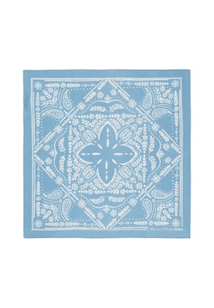Niebieska bandana w kształcie kwadratu z białymi wzorami paisley i kwiatowymi oraz napisem „Marc O’Polo DENIM” w rogu.