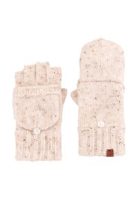 Dziane rękawice w jasnym kremowym kolorze z drobnymi flekami, złożone w designie z zagięciem z guzikiem. Teksturowane prążkowe mankiety oraz akcent w postaci logo na wszywce.