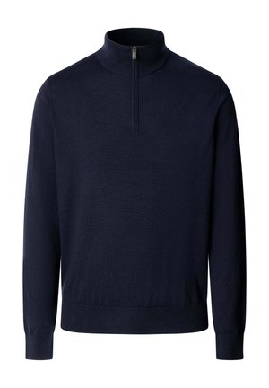 Marineblauer Pullover mit langen Ärmeln, einem Stehkragen und einem vorderen Reißverschluss bis zur Brust, gerippten Bündchen und Bund.