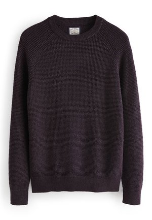 Strickpullover mit Rundhalsausschnitt in Dunkelpurpur. Strukturierter Stoff mit Raglanärmeln und Rippbündchen an den Ärmeln und am Saum.