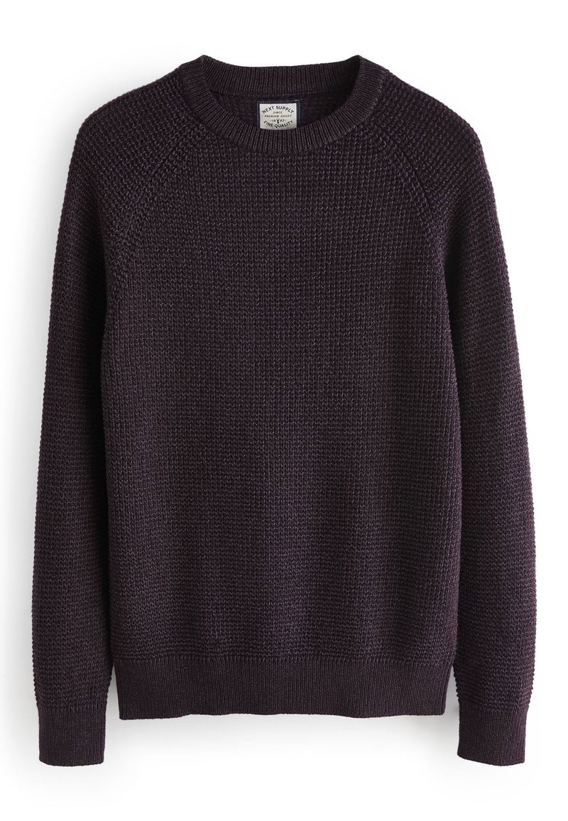 Strickpullover mit Rundhalsausschnitt in Dunkelpurpur. Strukturierter Stoff mit Raglanärmeln und Rippbündchen an den Ärmeln und am Saum.