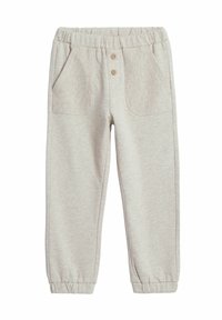 Lichtgrijze joggers gemaakt van zachte stof. Elastische tailleband met twee knopen, met ribgebreide zijzakken en elastische boorden bij de enkels.