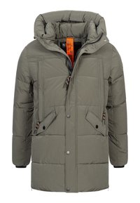 Olive green puffer jacket with a detachable hood, featuring large front pockets, a zip closure, and patterned drawstrings. Textured material.