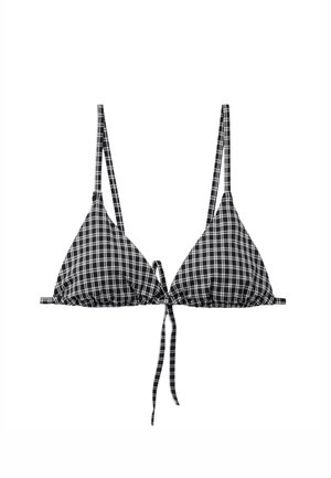 Haut de bikini triangle à carreaux noir et blanc avec fines bretelles réglables et fermeture à nouer à l'avant.