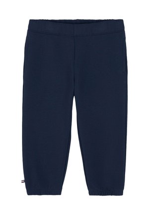 Dunkelblaue Kleinkinderhose mit elastischem Bund und Bündchen, mit Seitentaschen und einem kleinen Stoffetikett nahe dem linken Knöchel.