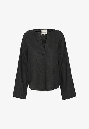 Czarna lniana bluzka z dekoltem w serek, długimi rękawami i luźnym krojem. Ma fakturowany materiał oraz lekko skrócony dół.