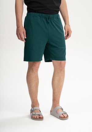 Mann trägt grüne Shorts mit Kordelzug und graue Sandalen mit Schnalle, barfuß, vor weißem Hintergrund.
