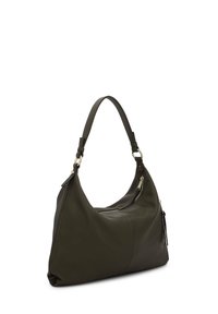 Zöld bőr kézi táska laza formával, ívelt vállpánttal, oldalzsebbel és finom textúrával.
