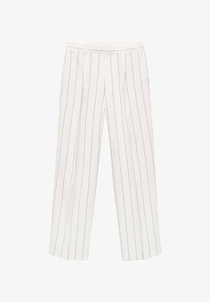 Pantaloni bianchi con una vestibilità dritta, caratterizzati da righe verticali nere. Realizzati in un tessuto liscio, con una vita piatta e senza hardware visibile.