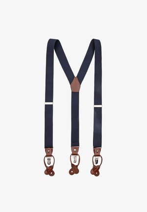 Marine verstelbare bretels met bruine leren accenten en zilveren metalen clips. De stof heeft een gestructureerde weving en vormt een Y-vorm aan de achterkant.