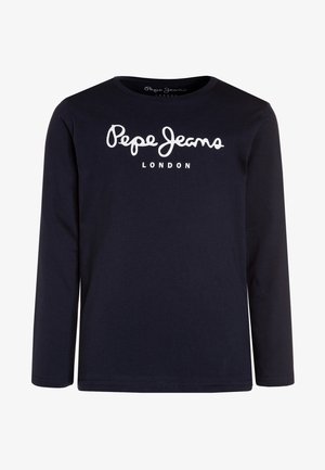 Granatowa koszula z długim rękawem i okrągłym dekoltem, z białym napisem "Pepe Jeans London" na piersi.