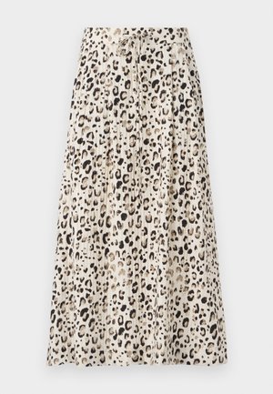 Pleated midi-hame kevytkangasta, jossa on vaalean beige pohja mustalla leopardikuviolla ja naru vyötäröllä säädettävää istuvuutta varten.