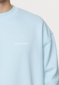 Sudadera de color azul claro con una tela texturizada, que presenta un cuello acanalado y un logo blanco de "PEGADOR" en la parte frontal.