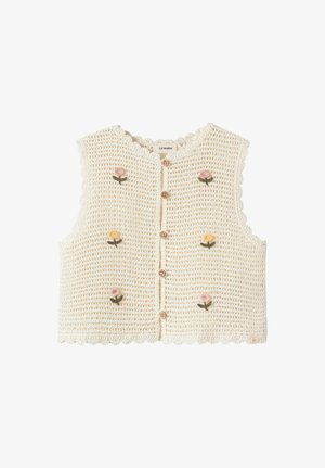 Veste bébé crochetée couleur crème avec boutons en bois, bordures festonnées et petites fleurs brodées roses et jaunes sur le devant.