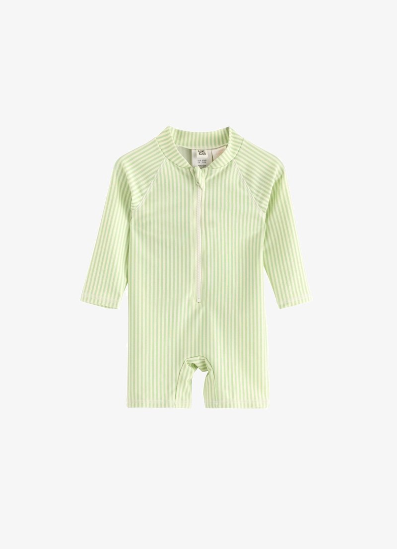 Costume da bagno intero a strisce verdi e bianche con maniche lunghe, zip frontale e colletto alto. Texture liscia e taglio corto della gamba.