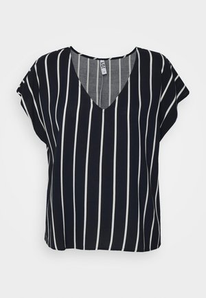 Zwarte blouse met korte mouwen, verticale witte strepen en een V-hals.