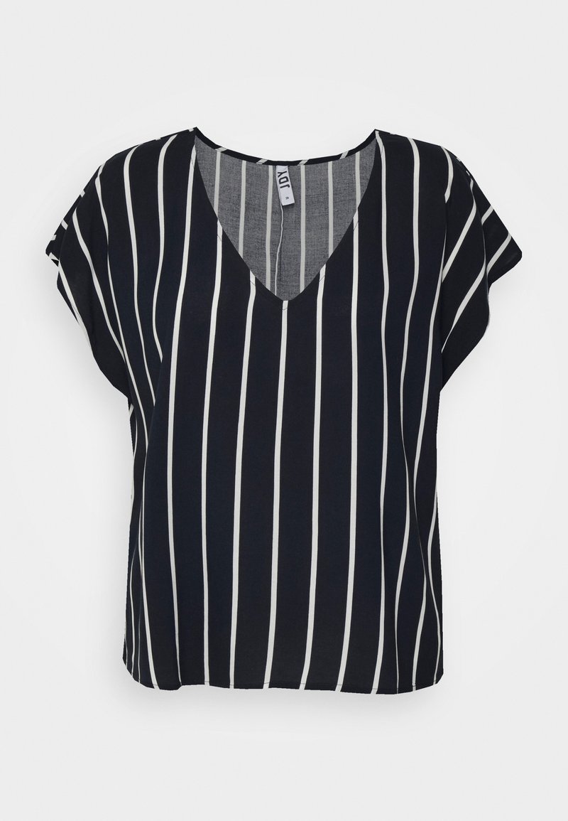 Blouse noire à manches courtes avec des rayures blanches verticales et un col en V.