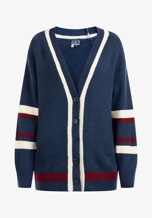 Námořnický kardigan s krémovými a burgundskými pruhy, zapínání na knoflíky, žebrované manžety a designem do V. Vyrobeno z měkkého pleteného materiálu.