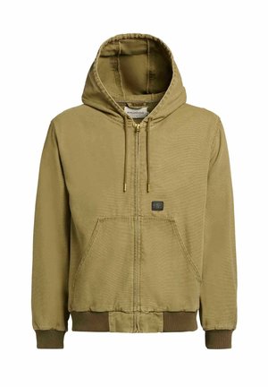 Hnědá mikina na zip s předními kapsami, nastavitelnou kapucí se stahovací šňůrkou, žebrovanými manžetami a lemem a malou černou nášivkou s logem na hrudi.