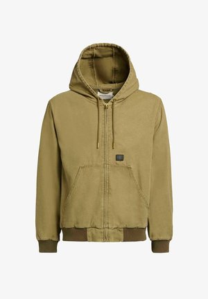 Brun hættetrøje med lynlås, frontlommer, justerbar snøre i hætten, ribbede ærmeafslutninger og kant samt et lille sort logo på brystet.