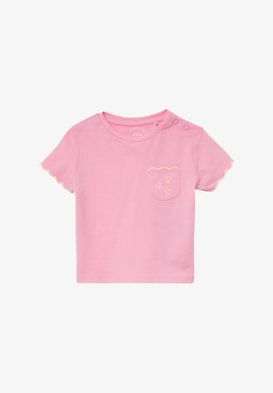 Rosa Kurzarm-T-Shirt aus weicher Baumwolle, mit einer gewellten Tasche, die mit gestickten Muscheln und einem Stern verziert ist, sowie einem Druckknopfdetail an der Schulter.