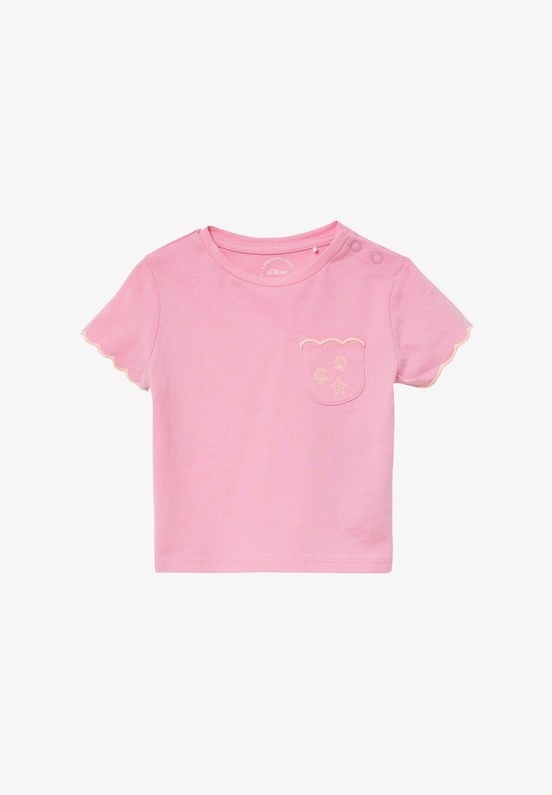 Roze T-shirt met korte mouwen, gemaakt van zachte katoen, met een scalloped zakje met geborduurde schelpen en een ster, en drukknopen op de schouder.