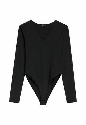 Czarny bodysuit z długim rękawem i dekoltem V, o gładkiej fakturze i dopasowanym kroju, który zwęża się do dolnej części w stylu stringów.