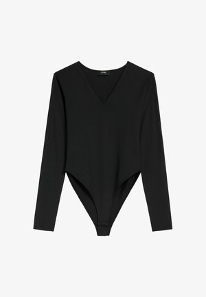 Czarny bodysuit z długim rękawem i dekoltem V, o gładkiej fakturze i dopasowanym kroju, który zwęża się do dolnej części w stylu stringów.