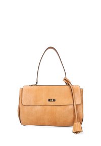 Borsa a tracolla in pelle color cuoio con una forma strutturata. Presenta un manico superiore e una tracolla staccabile. Chiusura con un dettaglio a gancio metallico.