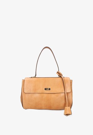 Handtasche aus braunem Leder mit einer strukturierten Form. Verfügt über einen oberen Griff und einen abnehmbaren Schulterriemen. Wird mit einem metallischen Verschluss detailiert geschlossen.