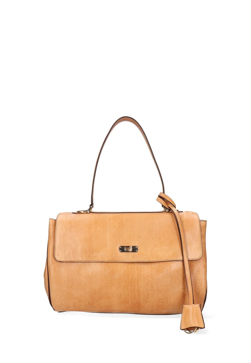 Borsa a tracolla in pelle color cuoio con una forma strutturata. Presenta un manico superiore e una tracolla staccabile. Chiusura con un dettaglio a gancio metallico.
