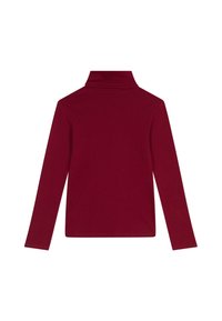 Maglione a collo alto bordeaux con maniche lunghe, realizzato in un tessuto morbido e elastico. Presenta un collo alto e un design aderente, texture liscia.