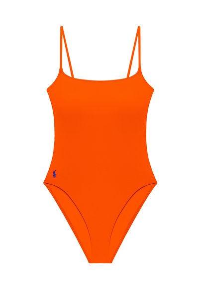 Πορτοκαλί ολόσωμο μαγιό με λεπτούς ιμάντες στους ώμους και μικρό μπλε λογότυπο στο κάτω αριστερό μέρος.