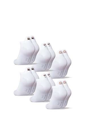 Sets of white ankle socks with small embroidered designs of cocktails or desserts on the back cuff, arranged in pairs.