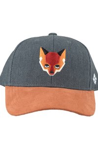 Gray fabric cap with a brown suede brim. Features an embroidered fox face design in orange, black, white, and brown on the front.