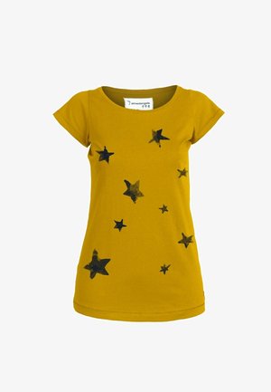 Gelbes Baumwoll-T-Shirt mit kurzen Ärmeln, das schwarze Sternenprints in unterschiedlichen Größen auf der Vorderseite und einen runden Ausschnitt aufweist.