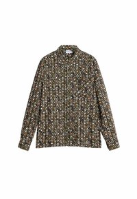 Tumedal pikkade varrukatega särk, millel on geomeetriline muster oranžis, valges ja rohelises. Nööpidega krae ja üks rinnatasku.