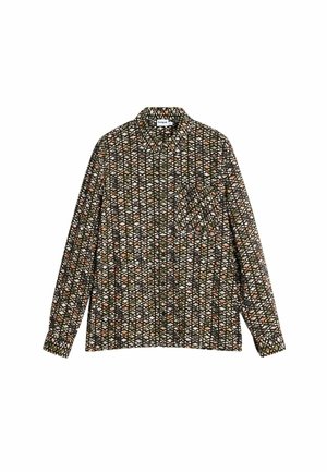 Košeľa s dlhými rukávmi z tmavého materiálu, s geometrickým vzorom v oranžovej, bielej a zelenej farbe. Kravata s gombíkmi a jedna náprsní vrecko.