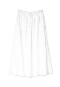 Weißer, knielanger Rock mit elastischem Bund und Kordelzug. Verfügt über Broderie Anglaise-Details und eine glatte, strukturierte Oberfläche.